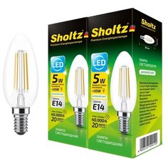 Комплект из 2 светодиодных филаментных ламп Sholtz свеча 5Вт E14 4000К C37 220-240В стекло