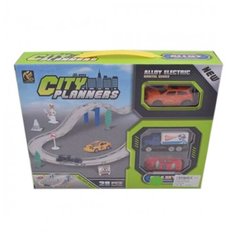 Игр.набор Автотрек, в комплекте: деталей 28шт, транспорт металл.2шт, машина эл., эл.пит.АА*1шт.не вх.в комплект, коробка 5 Наша Игрушка