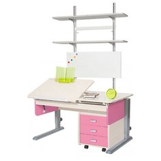 Стол детский для работы стоя Астек-Элара Лидер с ящиком, стеллажом и тумбой 120x72 см рамух/розовый/серый