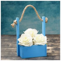 Кашпо деревянное Дарим Красиво 15*12*25 см, "Ажур", прямоугольное, ручка веревка, голубой