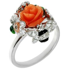 Balex Кольцо 1448930041 из серебра 925 пробы с кораллом реконструированным, фианитом и эмалью, размер 20