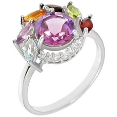 Balex Кольцо 1405937191 из серебра 925 пробы с аметистом природным, топазом голубым природным, цитрином природным, раухтопазом природным, хризолитом природным, гранатом природным и фианитом, размер 17