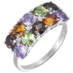 Balex Кольцо 1457930049 из серебра 925 пробы с аметистом природным, раухтопазом природным, хризолитом природным и цитрином природным, размер 18.5