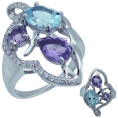 Balex Кольцо 1405937644 из серебра 925 пробы с топазом голубым природным, аметистом природным и фианитом, размер 18