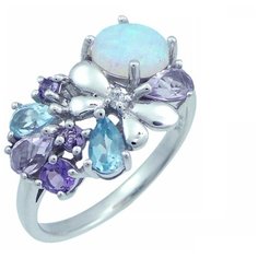 Balex Кольцо 1405937293 из серебра 925 пробы с опалом, аметистом природным и топазом голубым природным, размер 17