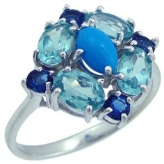 Balex Кольцо 1405937346 из серебра 925 пробы с бирюзой реконструированной, кварцем Параиба природным и сапфиром синтетическим, размер 19.5