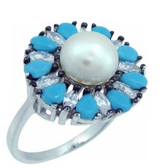 Balex Кольцо 1405937378 из серебра 925 пробы с жемчугом культивированным, бирюзой реконструированной и фианитом, размер 19