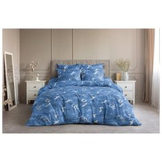 Постельное белье "Ночь нежна" из поплина; Валентинка синий; размер 2.0 евро простыня наволочки 70 х 70