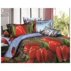 Постельное бельё "Сатин люкс"; Красные тюльпаны; размер 2.0 евро простыня ЛайМ