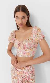 Stradivarius Топ С Короткими Рукавами И Цветочным Принтом Цвет Небеленого Полотна Xs