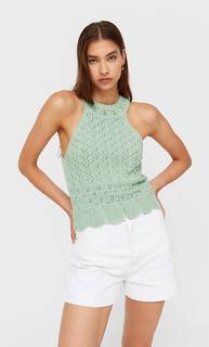 Stradivarius Топ С Вырезом Халтер И Кружевом Кроше Зеленый L