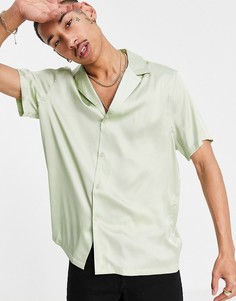 Атласная рубашка мятного цвета с глубоким вырезом и отложным воротником ASOS DESIGN-Зеленый цвет