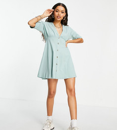 Шалфейно-зеленое чайное платье на роговых пуговицах ASOS DESIGN Petite-Зеленый цвет