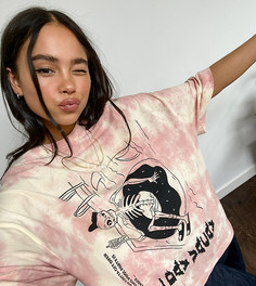 Розовая футболка в стиле oversized из ткани пике с принтом тай-дай и скелета COLLUSION Unisex-Розовый цвет