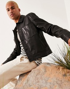 Черная укороченная кожаная куртка Харрингтон ASOS DESIGN-Черный цвет