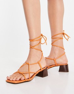 Босоножки на каблуке абрикосового цвета из кожи премиум-класса с завязками на ноге ASOS DESIGN Holden-Оранжевый цвет