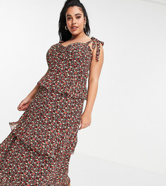 Черное ярусное платье макси с бретельками на завязках, оборками и цветочным принтом In The Style Plus x Jac Jossa-Многоцветный