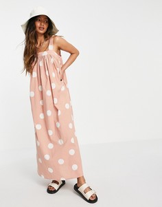 Бежевое трапециевидное платье макси в крупный горошек ASOS DESIGN-Multi