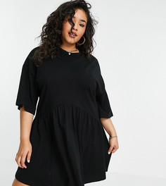 Черное платье мини в стиле oversized с присборенной юбкой и заниженной талией ASOS DESIGN Curve-Черный цвет
