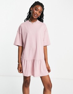 Розовое платье-футболка в стиле oversized с оборками по краю ASOS DESIGN-Розовый цвет