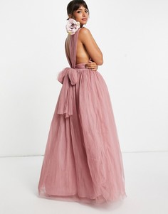 Розовое платье макси из тюля с глубоким вырезом и бантом сзади ASOS DESIGN-Голубой