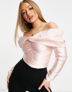 Розовый атласный топ с открытыми плечами и драпировкой ASOS DESIGN-Розовый цвет