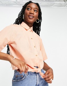 Льняная рубашка абрикосового цвета с короткими рукавами и завязкой спереди ASOS DESIGN-Бесцветный