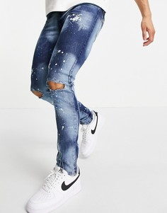 Зауженные джинсы винтажного синего цвета с рваными коленями и брызгами краски Good For Nothing-Голубой
