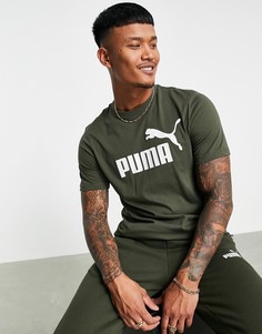 Футболка цвета хаки с большим логотипом Puma Essentials-Зеленый цвет