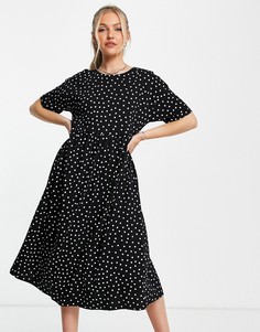 Платье миди с присборенной юбкой в стиле oversized в монохромный горошек ASOS DESIGN-Черный цвет