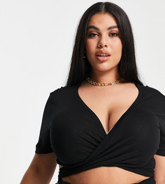 Черный топ с запахом и короткими рукавами ASOS DESIGN Curve