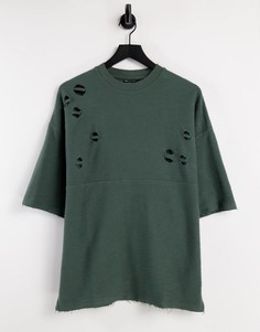 Oversized-футболка цвета хаки с рваной отделкой ASOS DESIGN-Зеленый цвет