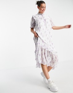 Платье миди с оборками на лифе и винтажным цветочным принтом Lost Ink-Multi