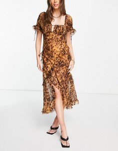 Чайное платье миди с леопардовым принтом и оборками ASOS DESIGN-Многоцветный