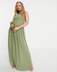 Плиссированное платье макси приглушенного зеленого цвета с высоким воротом TFNC Bridesmaid-Зеленый цвет