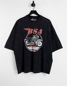 Черная oversized-футболка с принтом "BSA Motorcycles" и эффектом кислотной стирки ASOS DESIGN-Черный цвет