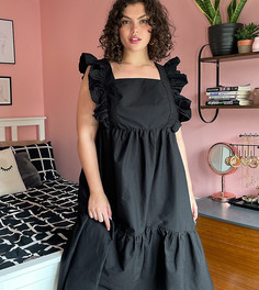 Черное платье миди с присборенной юбкой, квадратным вырезом и рукавами-оборками New Look Curve-Черный