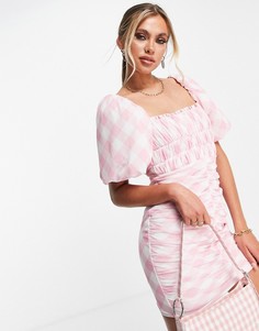 Присборенное облегающее платье мини в розовую клетку с пышными рукавами ASOS DESIGN-Multi
