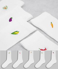 Набор из 5 пар белых носков с вышивкой овощей New Look-Белый