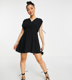 Черное пляжное платье мини из переработанных материалов со сборками ASOS DESIGN Petite-Черный цвет