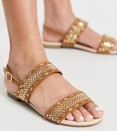 Светло-коричневые сандалии на плоской подошве с золотистой отделкой для широкой стопы Miss KG Detroit-Коричневый цвет