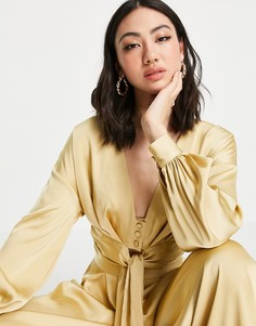 Атласный топ на пуговицах с завязкой и складками от комплекта ASOS DESIGN-Желтый