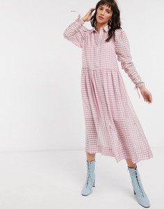 Розовое платье миди в клетку Topshop-Розовый цвет
