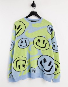 Вязаный джемпер голубого цвета с узором из смайликов ASOS DESIGN-Multi
