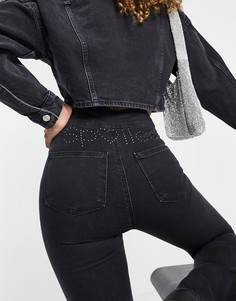 Черные выбеленные джинсы клеш из эластичного денима с отделкой стразами Topshop-Черный
