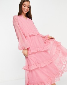 Розовое шифоновое платье миди с ярусной юбкой Vila-Розовый цвет