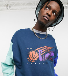 Однотонный синий oversized-свитшот в стиле колор блок с принтом на груди в университетском стиле из органического хлопка ASOS DESIGN-Темно-синий