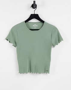 Оливковая футболка укороченного кроя с волнистыми краями Hollister-Зеленый цвет