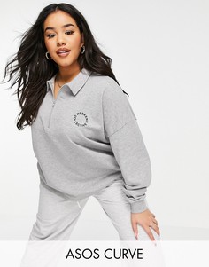 Серый меланжевый свитшот с воротником поло на короткой молнии и логотипом ASOS Weekend Collective Curve