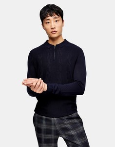 Темно-синее трикотажное поло с зигзагообразным узором Topman-Голубой